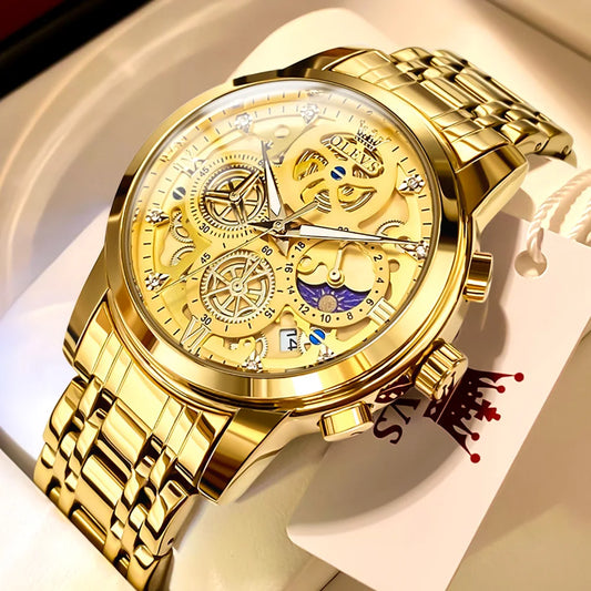 OLEVS 9947 Waterproof Quartz Watch for Man Gold Skeleton Style 24 Hour Day Night